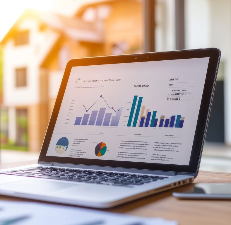 Laptop auf einem Tisch aufgeklappter Laptop auf einem Tisch der Grafiken & Statistiken zu Immobilien auf dem Bildschirm zeigt